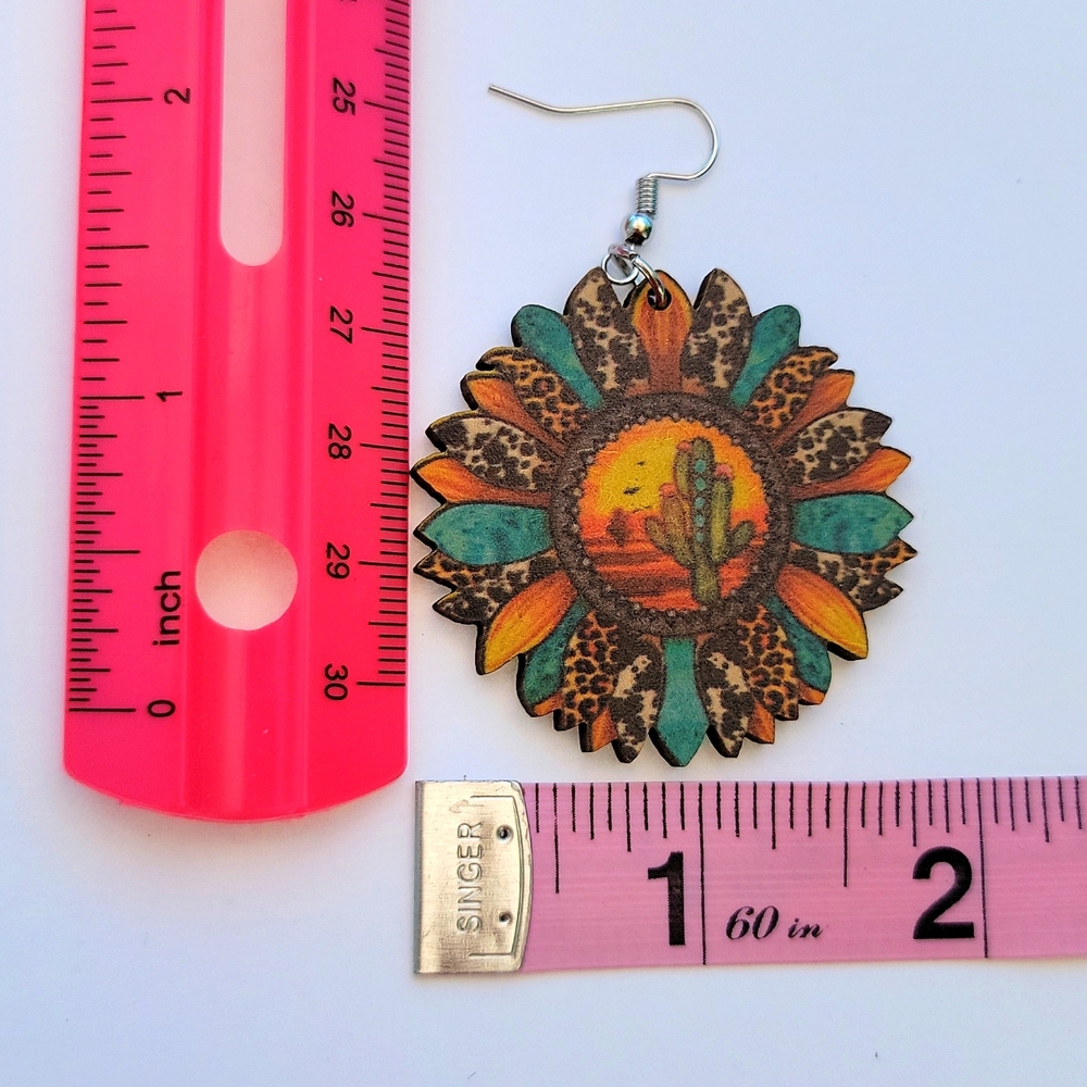 Sunflower Dangle Drop Wooden Earrings Orange Yellow 2" Pierced Ears New - Picture 6 of 8